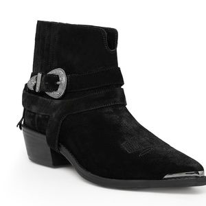 MANGO Black Suede Cowboy Ankle Boots w/ Buckle